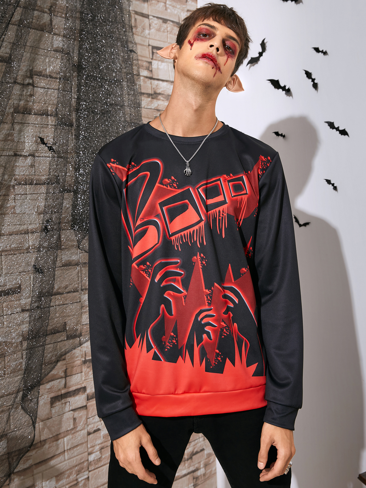 Men Halloween Letter Cartoon Print Long Sleeve Sweatshirt