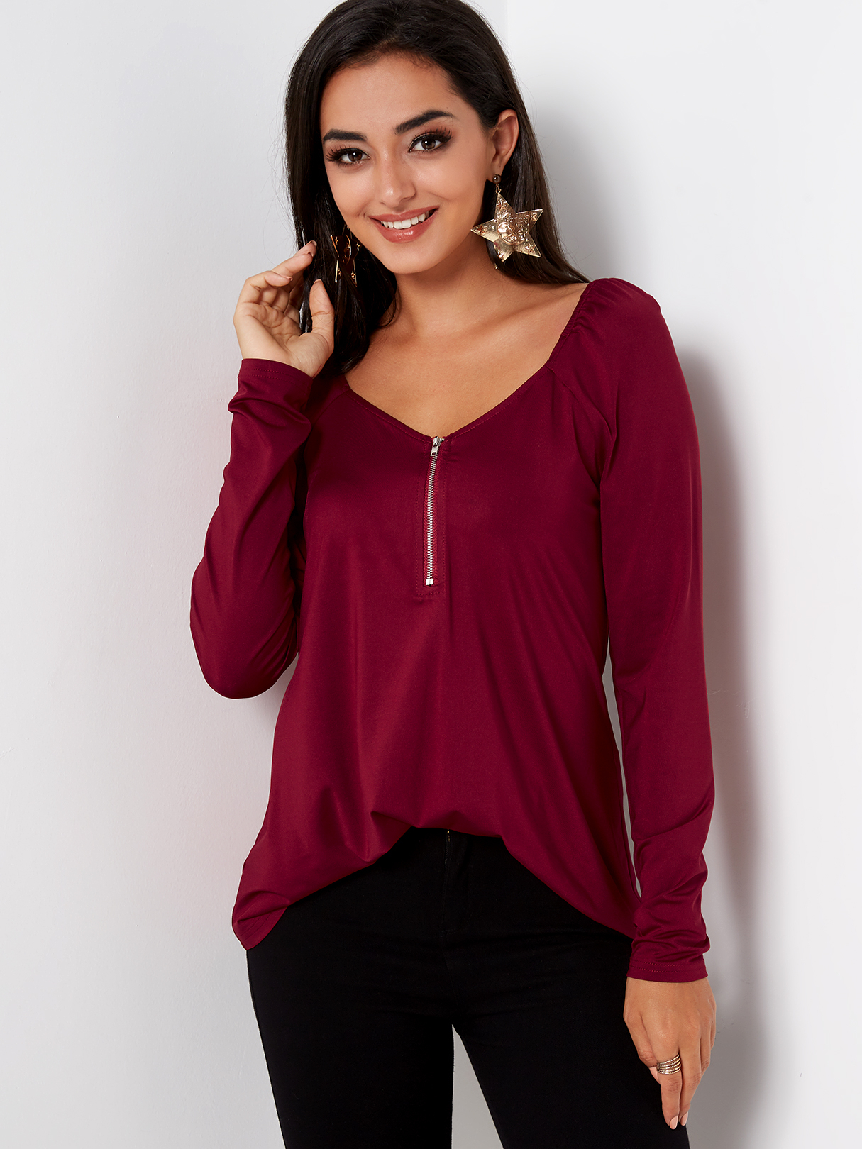 Burgundy Zip V Neck Fashion T Shirt