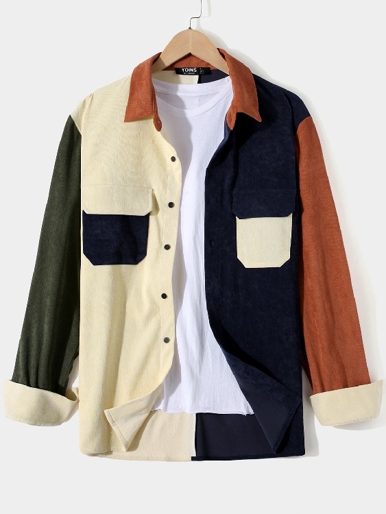 Men Casual Multicolor Color Block Pocket Patchwork Corduroy Shirt