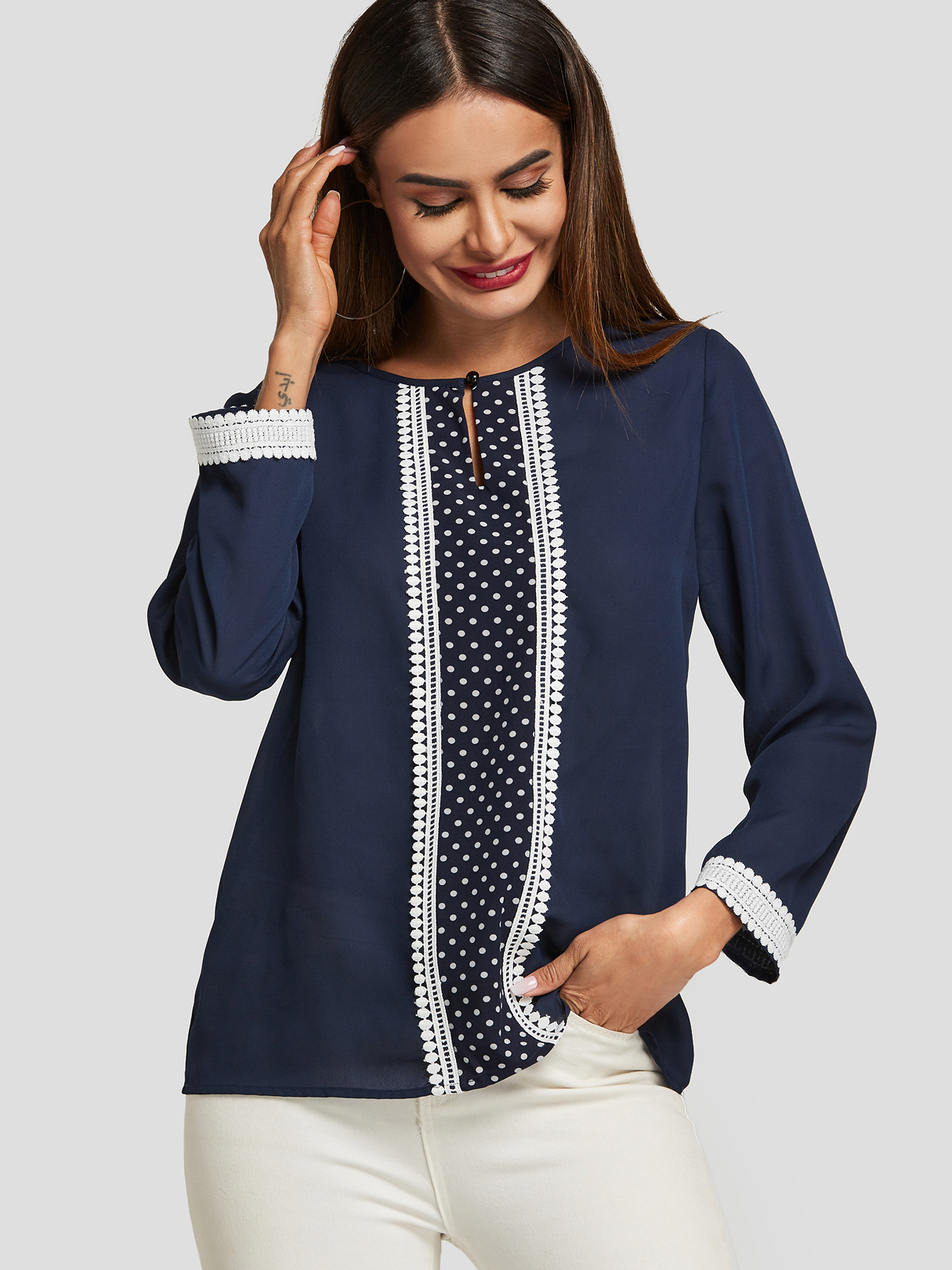 Navy Polka Dot Round Neck Long Sleeves Blouse