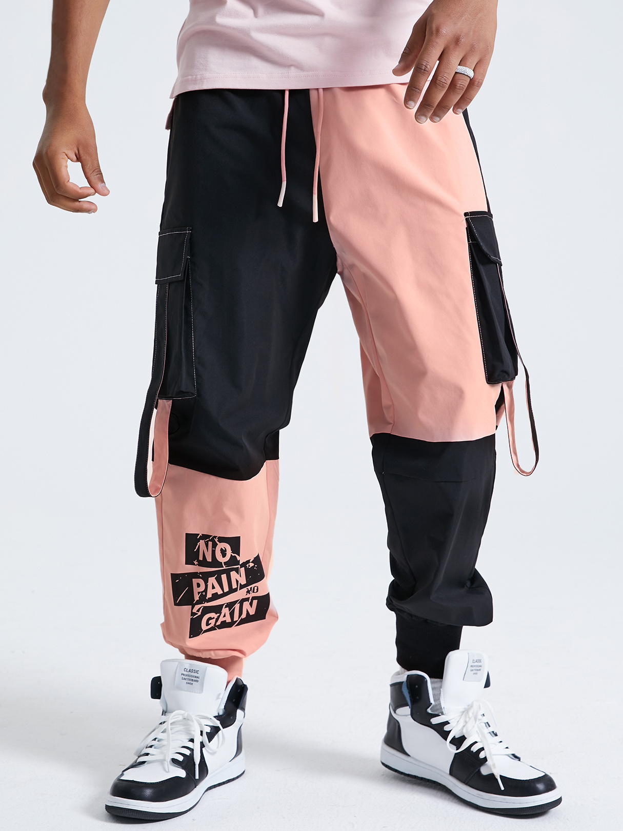 Men Fashion Color Block Patchwork Letter Print Cargo Pants