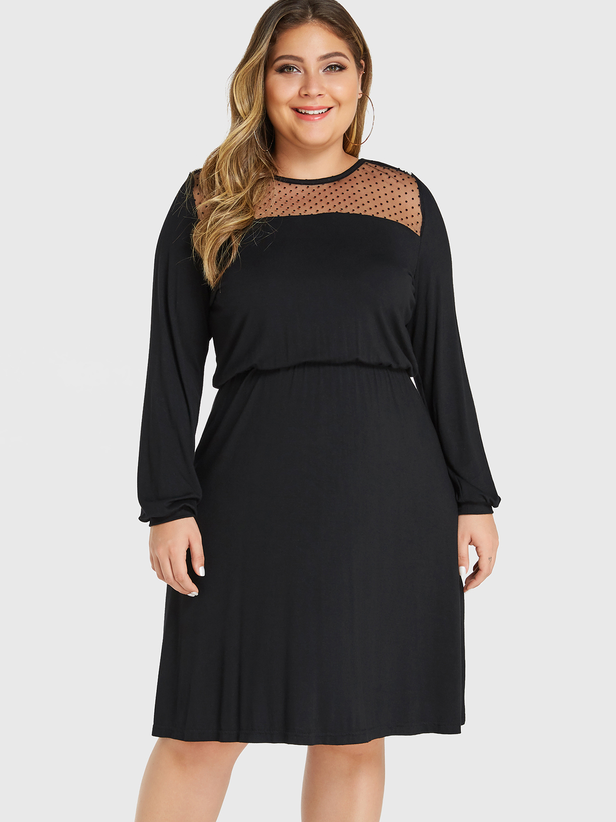 YOINS Plus Size Black Polka Dot Round Neck Long Sleeves Dress