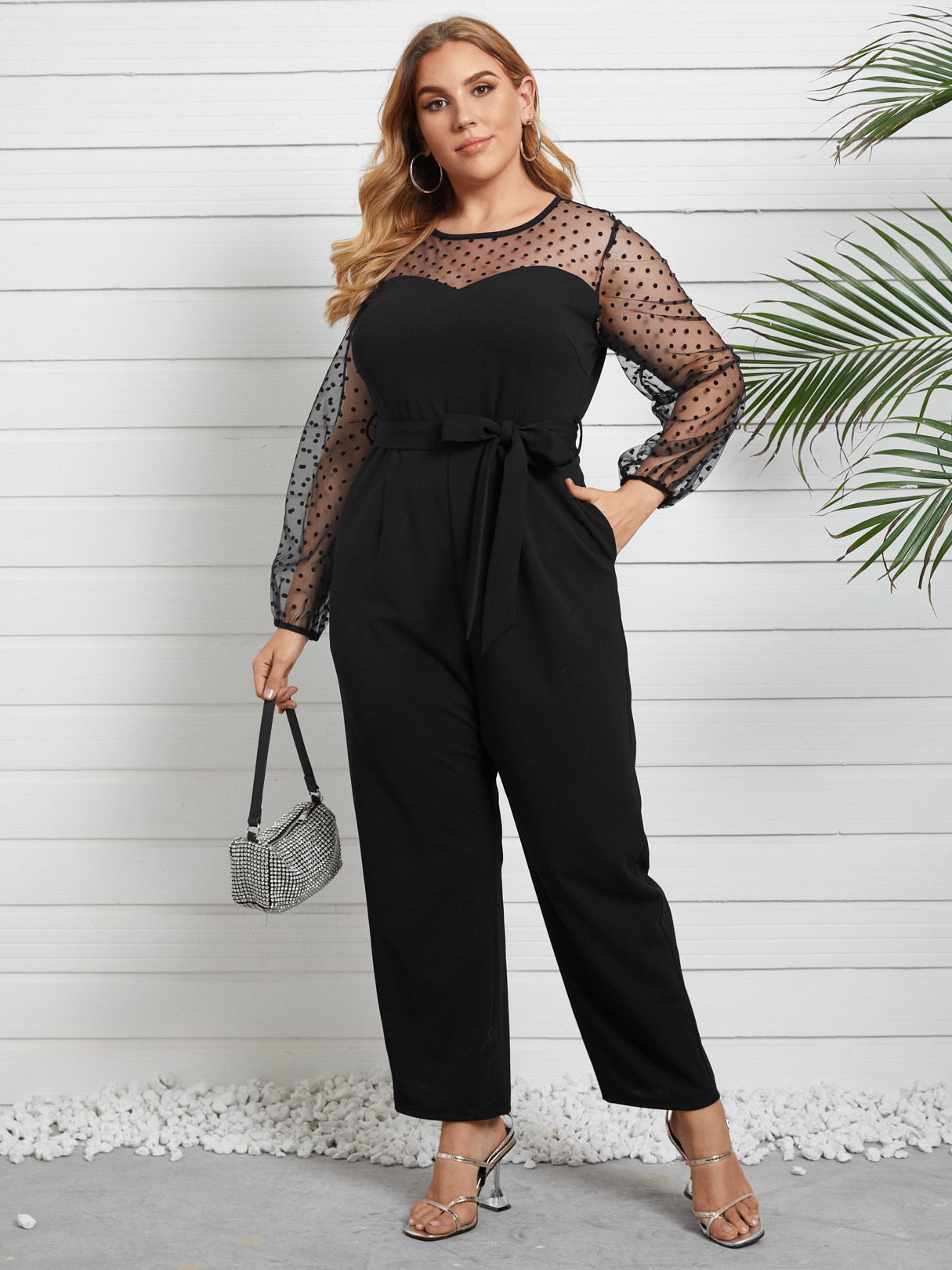 YOINS Plus Size Side Pockets Belt Design Mesh Long Sleeves Jumpsuit