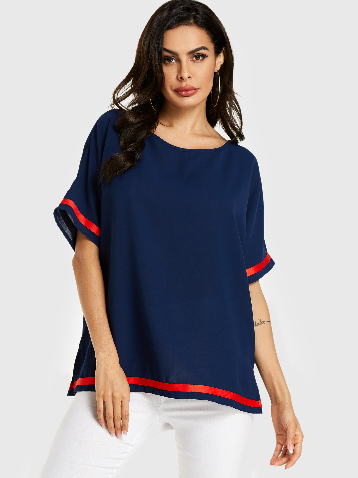 YOINS Navy Round Neck Half Sleeves Tee