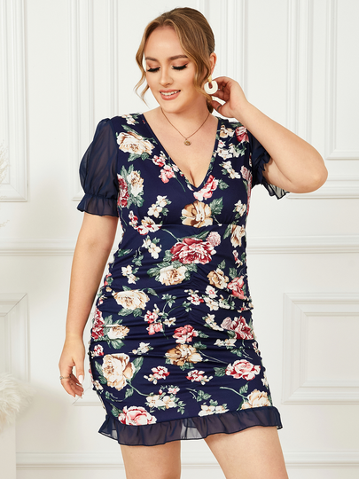 YOINS Plus Size Floral Print Lettuce-Edge Ruched Short Sleeves Dress