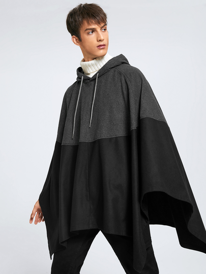 Men Hooded Patchwork Drawstring Cloak Cape Design Hoodie