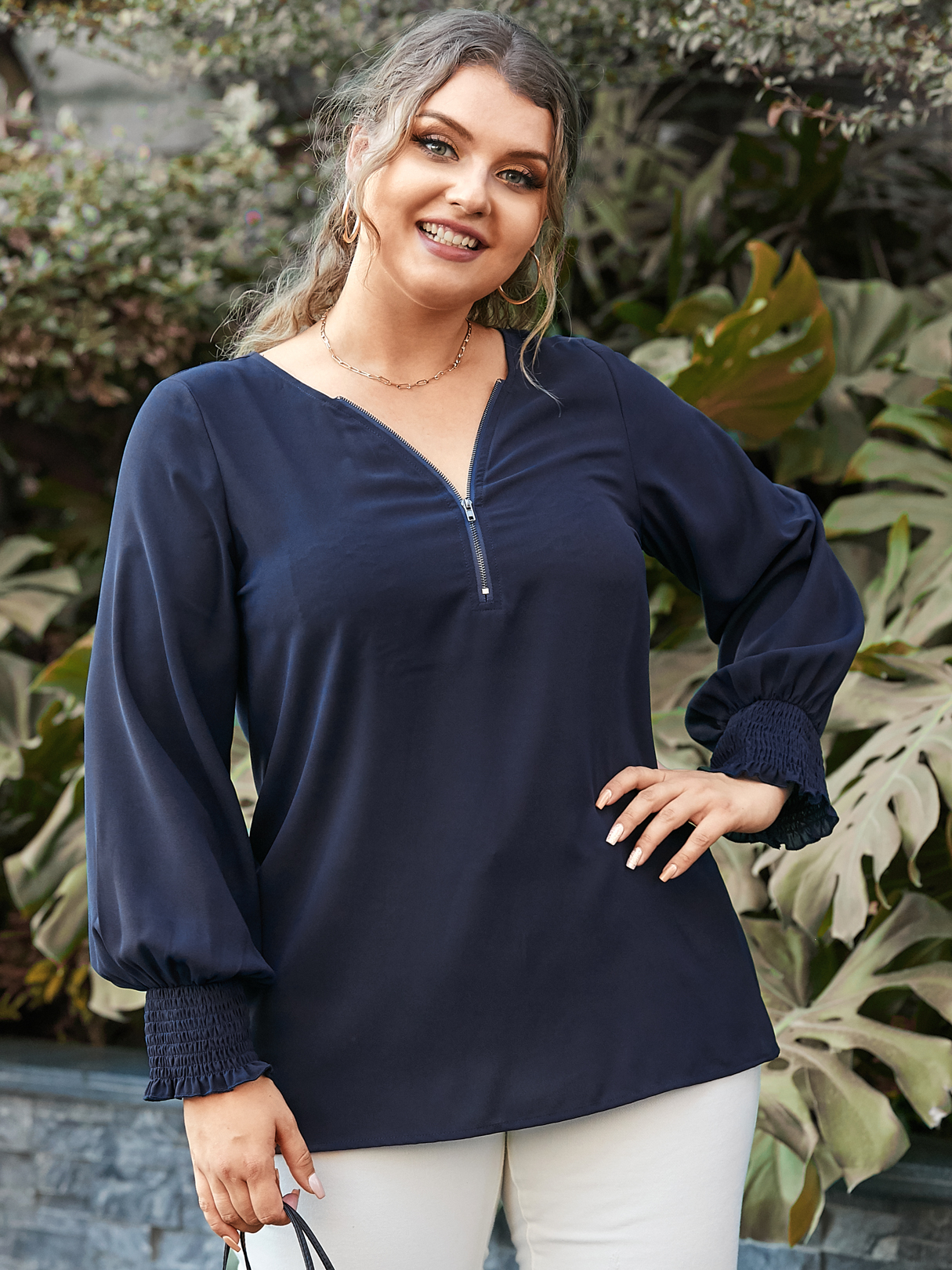YOINS Plus Size V-neck Shirring Zip Front Long Sleeves Blouse