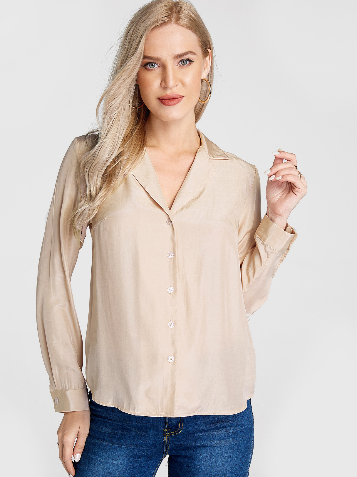 Camel Notch Collar Front Button Long Sleeves Blouse