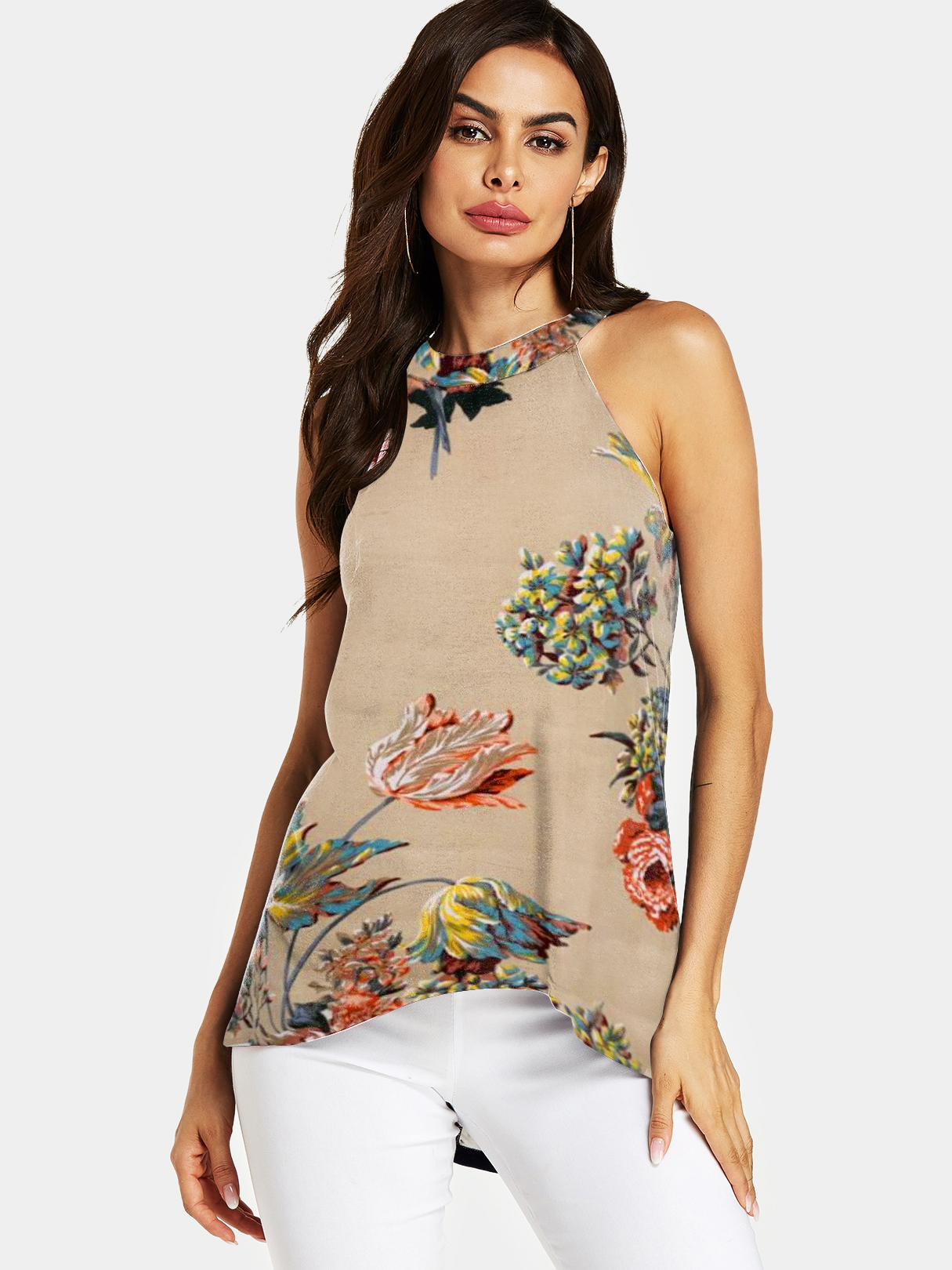 YOINS Khaki Random Floral Print Cut Out Halter Sleeveless Top