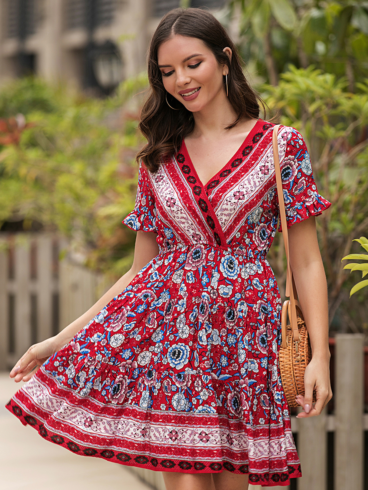 V-neck Tribal Wrap Design Ruffle Sleeves Mini Dress