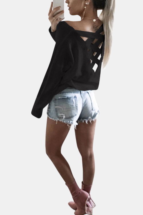 Cutout Round Neck Backless Hollow Details T-shirts in Black