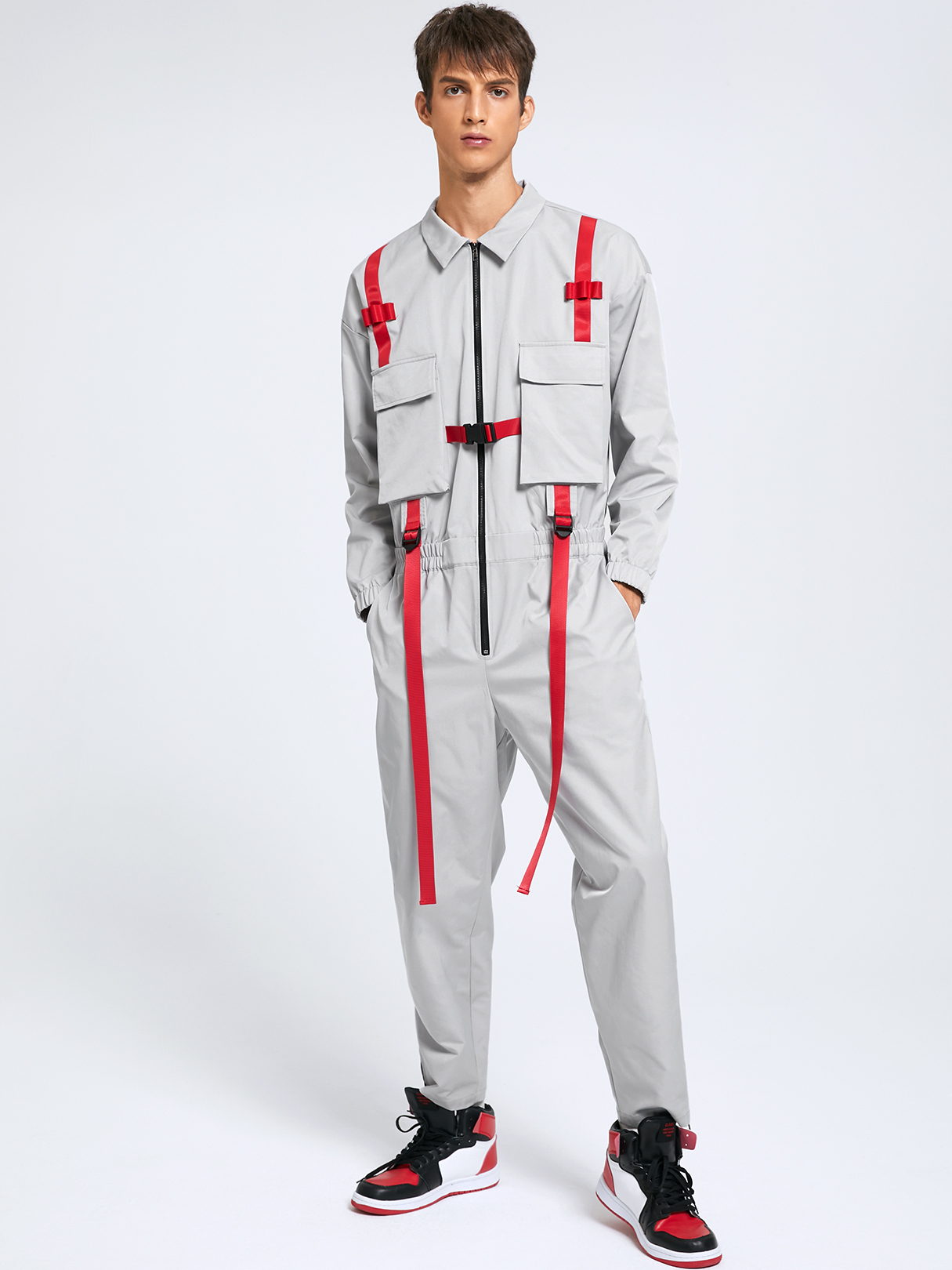 Men Casual Ribbon Buckle Straps Design Overalls Jumpsuit