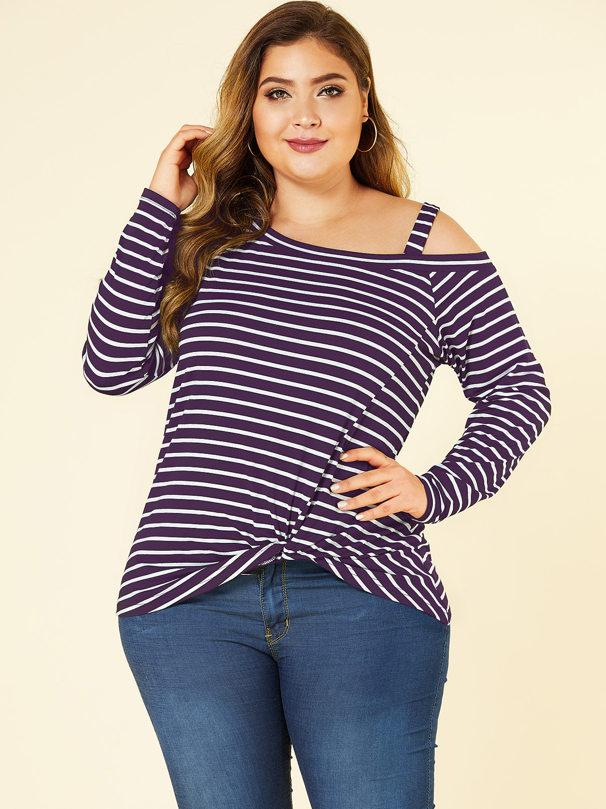 YOINS Plus Size Purple Stripe Cold Shoulder Tee