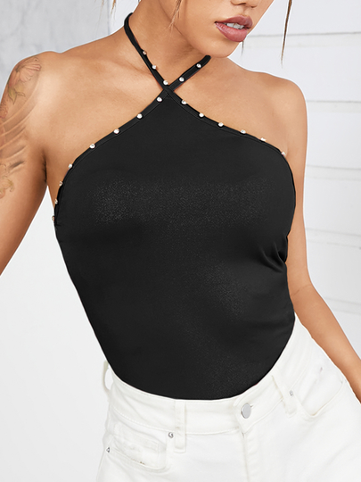 YOINS Rhinestone Decor Backless Design Self-tie Halter Sleeveless Cami