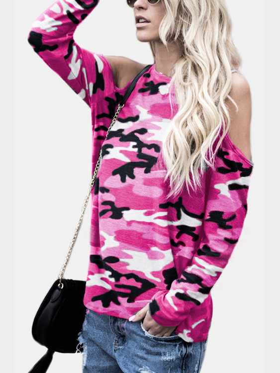 Pink Camouflage Round Neck Cold Shoulder Long Sleeves T-shirt
