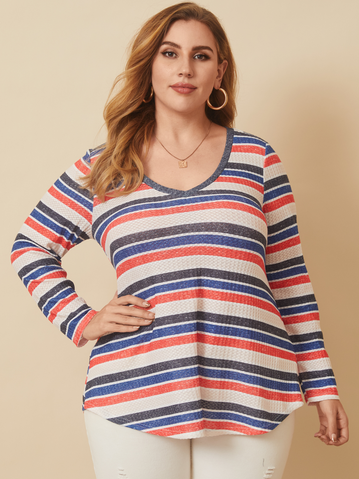 YOINS Plus Size Round Neck Striped Long Sleeves Tee