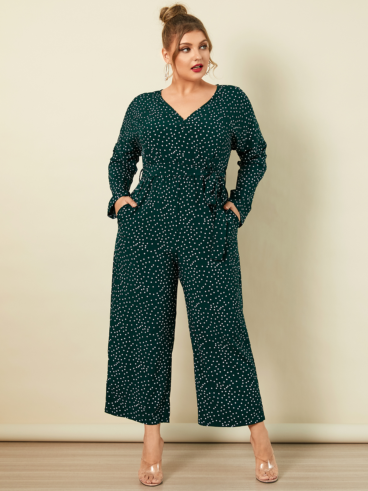 YOINS Plus Size V-neck Polka Dot Side Pockets Long Sleeves Jumpsuit