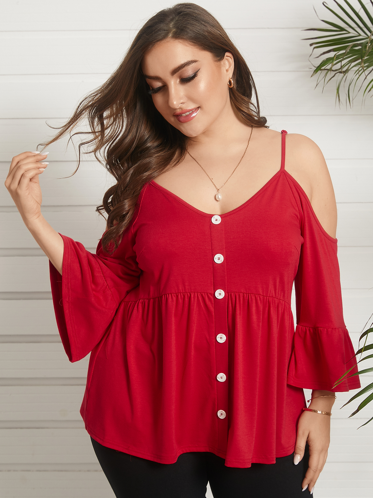 YOINS Plus Size V-neck Cold Shoulder Spaghetti Strap Backless Design Long Sleeves Blouse