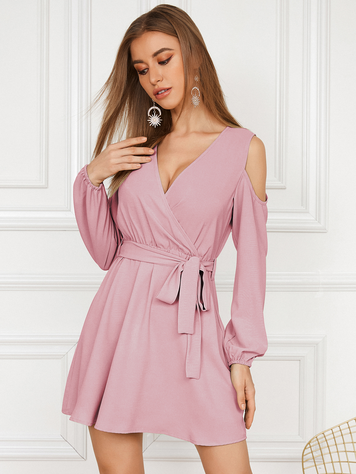 YOINS Cold Shoulder Wrap Design Long Sleeves Mini Dress