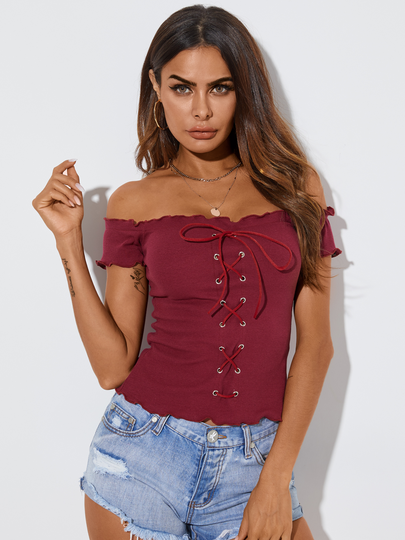 YOINS BASICS Lettuce-edge Off The Shoulder Short Sleeves Tee