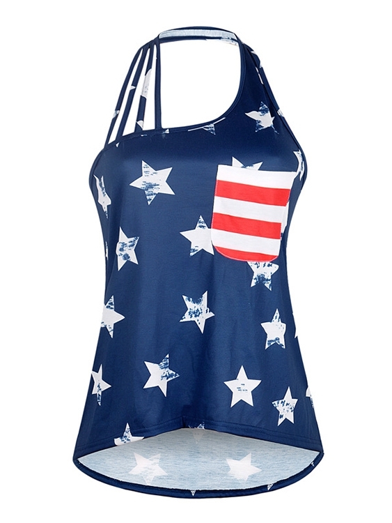 Star & Striped Print Pocket Design Asymmetrical Neck Sleeveless Cami