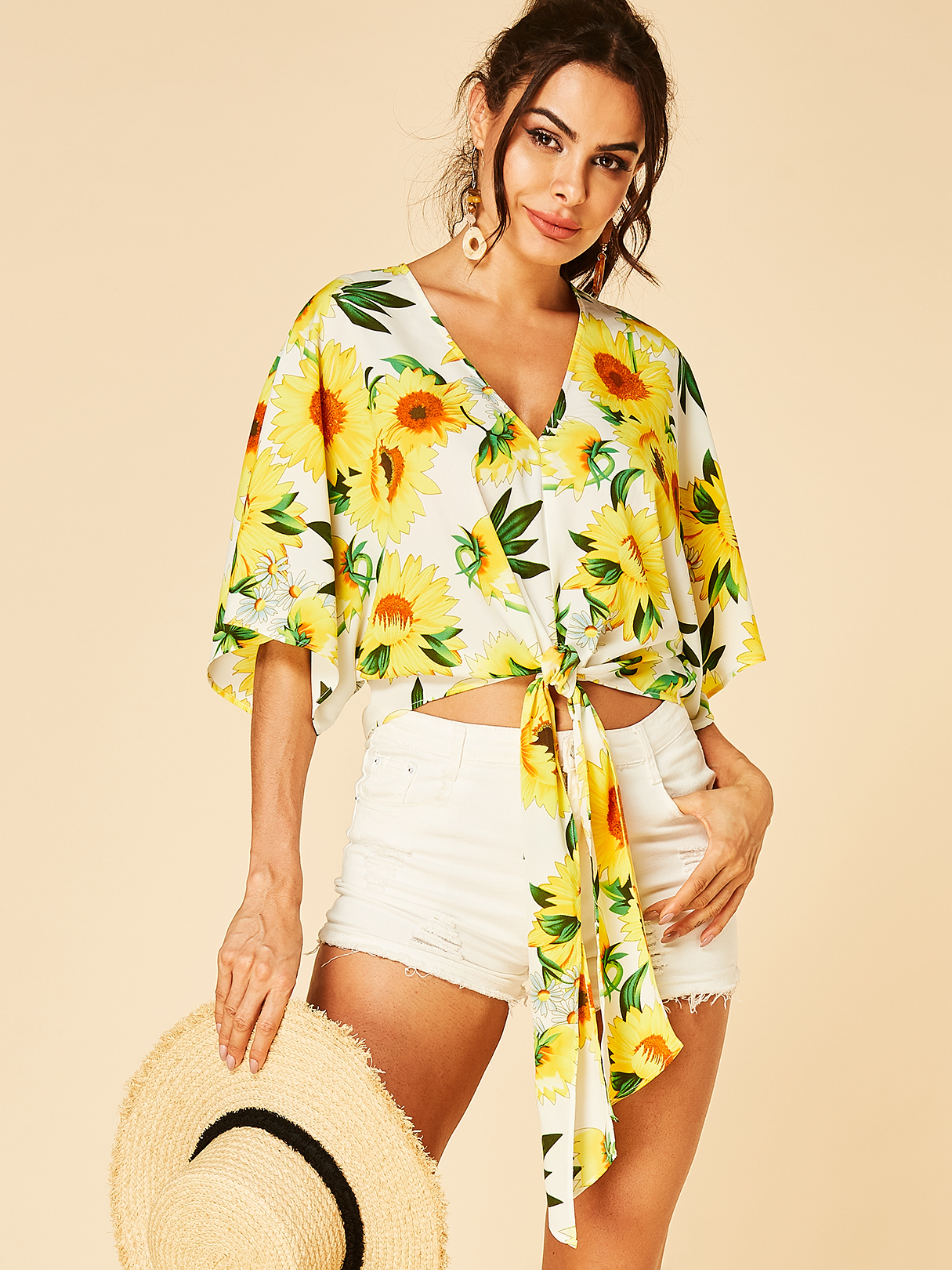 YOINS Sunflower Print V-neck Half Sleeves Knotted Crop Top