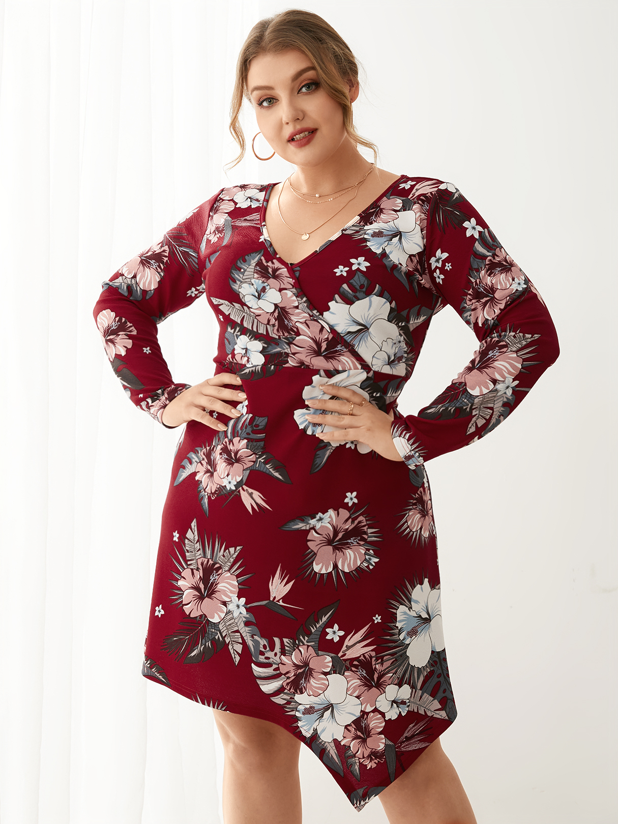 YOINS Plus Size V-neck Floral Print Wrap Design Long Sleeves Dress