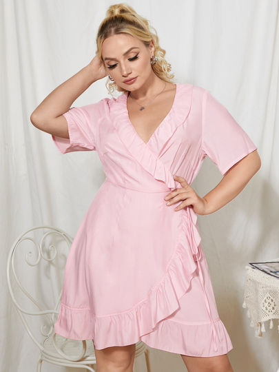 YOINS Plus Size Wrap Design Ruffle Trim Short Sleeves Dress