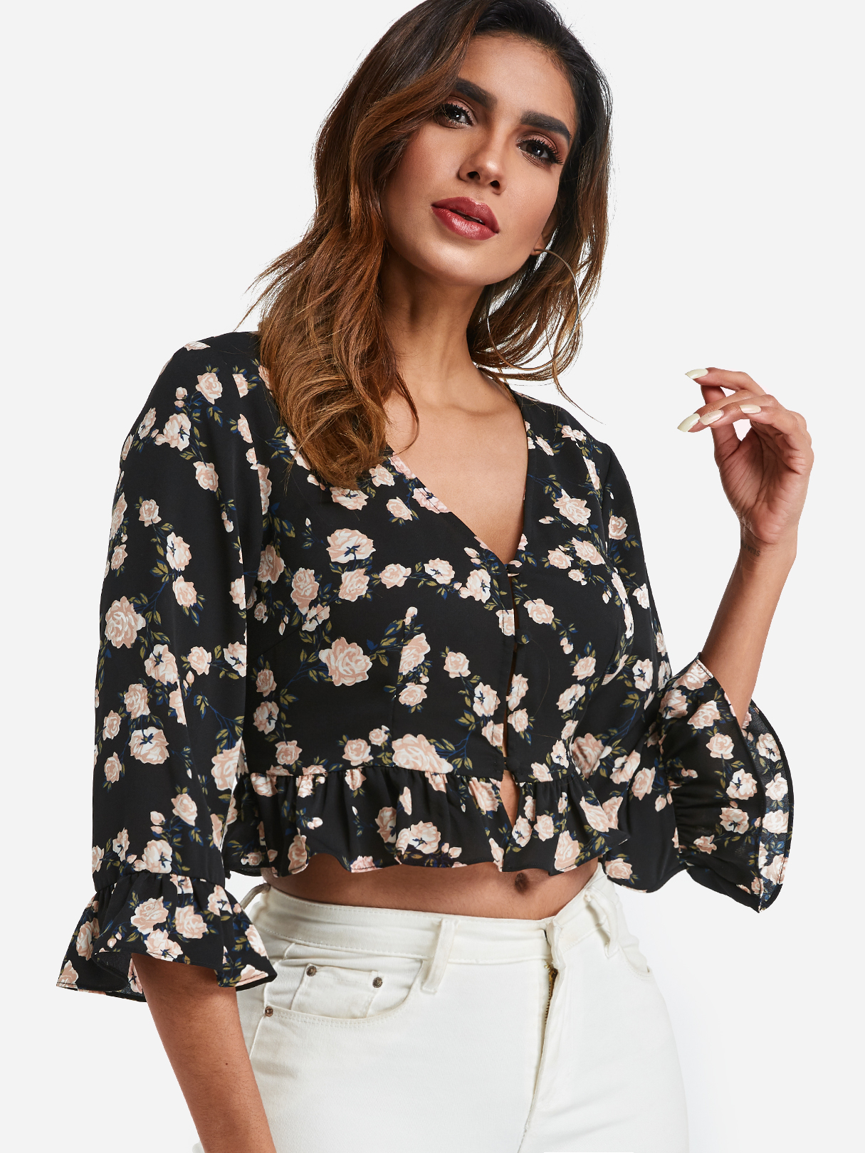 Black Random Floral Print Single Breasted 3/4 Length Sleeves Flounced Hem Blouse
