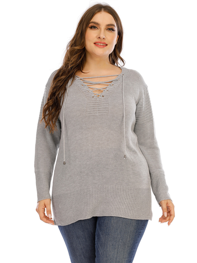 Plus Size V-neck Lace-up Design Long Sleeves Sweater