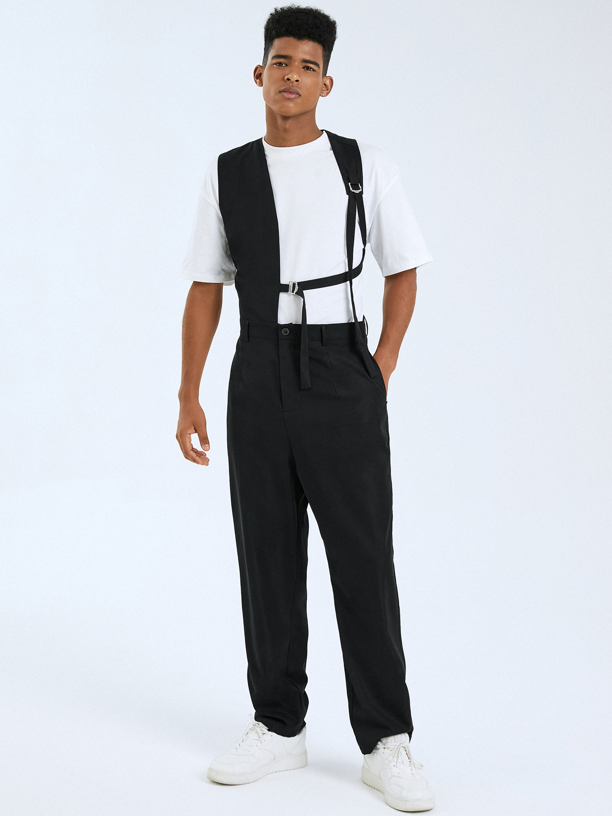 Men Casual Buckle Design Zip Front High Waist Bib Suspender Overalls Jumpsuit