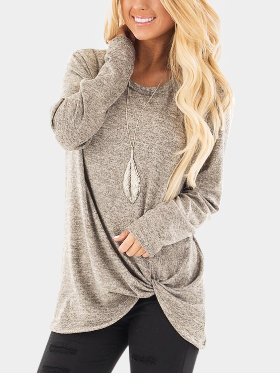 Taupe Twist Round Neck Long Sleeves Irregular Hem T-shirt