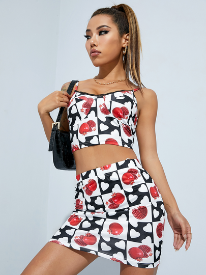 YOINS Red Pomegranate Print Backless Design Lace Trim Top & Skirt Set