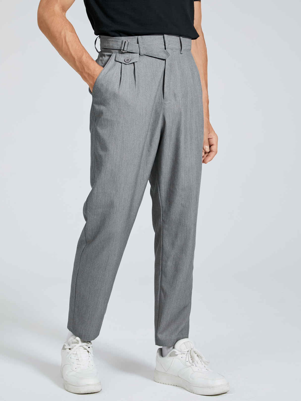 Men Plain Button Design Zip Front Straight Leg High Waist Casual Pants