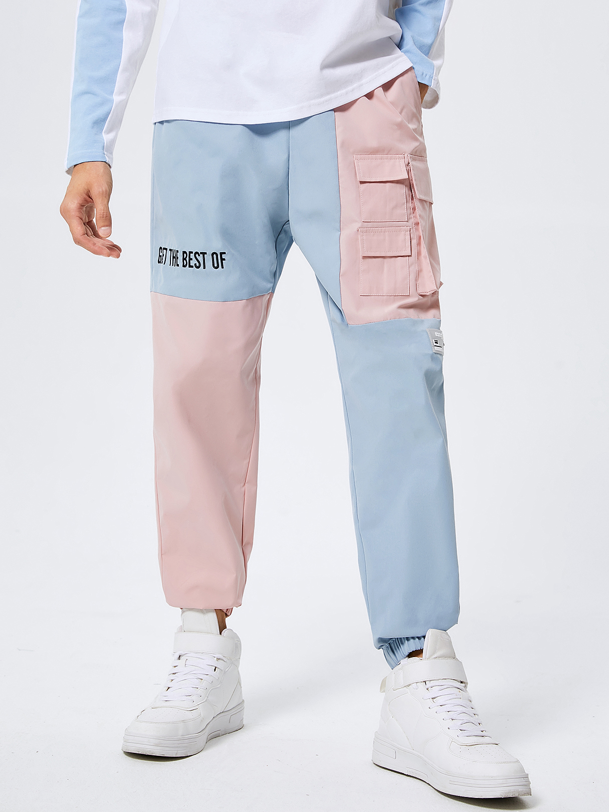 Men Fashion Letter Color Block Drawstring Waist Cargo Pants