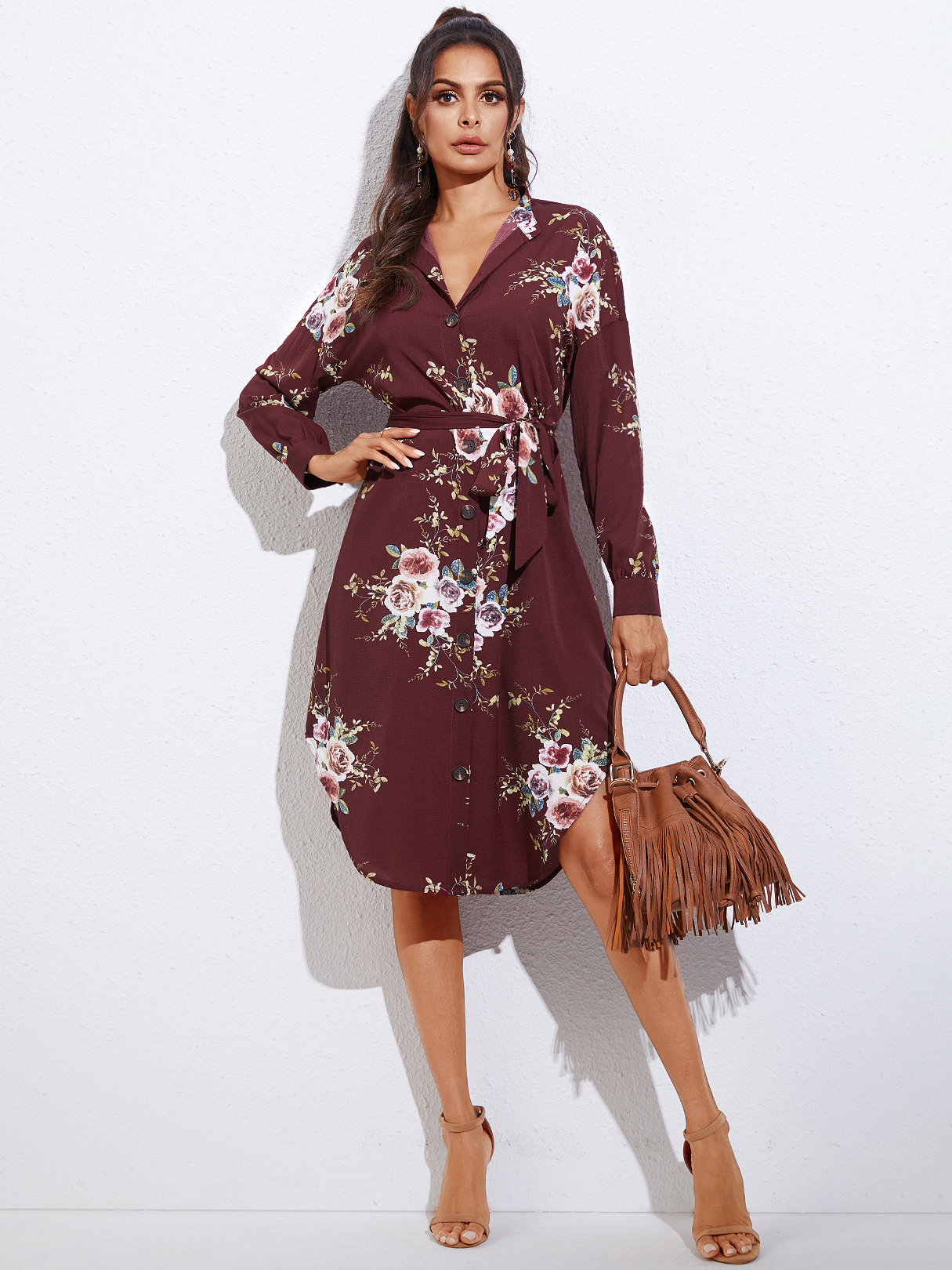YOINS Burgundy Floral Print Belted Front Button Revere Collar Long Sleeves Dress