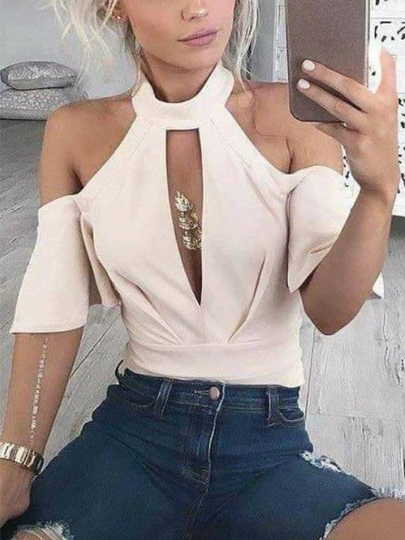 YOINS Beige Cut Out Halter Short Sleeves Tee