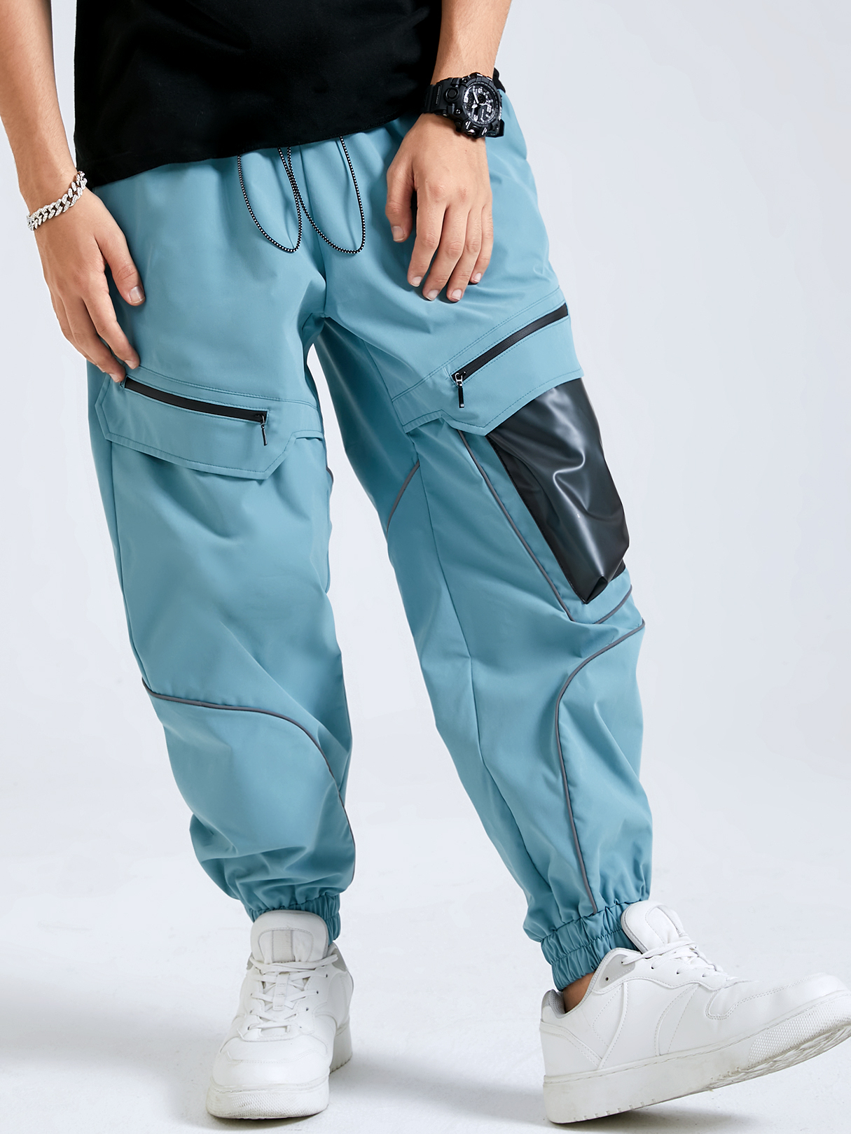 Men Fashion Blue Pocket Splice Casual Cargo Pants
