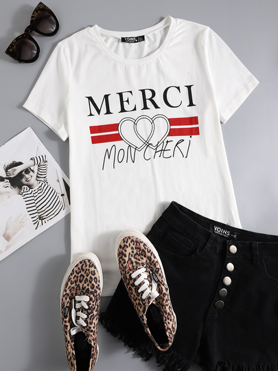 YOINS Graphic Letter Print Crew Neck Short Sleeves Tee