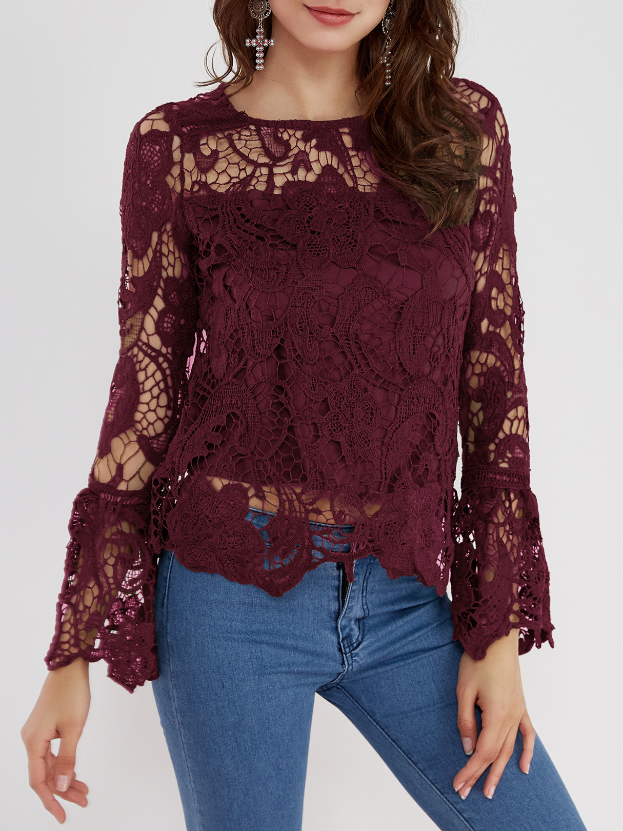 Burgundy See-through Lace Details Round Neck Long Sleeves Sexy Top