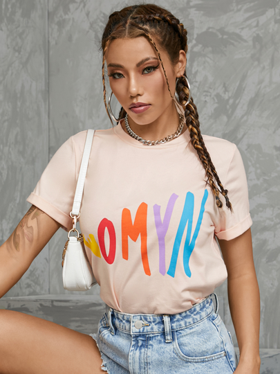 YOINS Colorful Letter Print Crew Neck Short Sleeves Tee