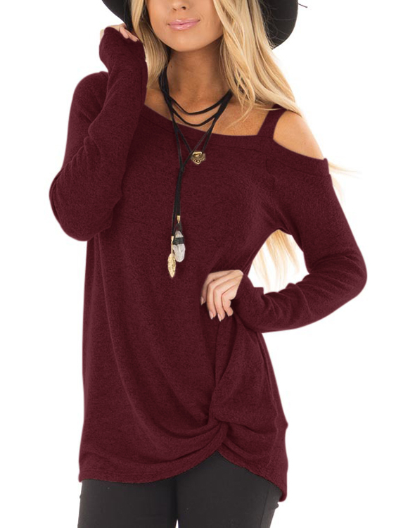 Burgundy Crossed Front Design Plain One Shoulder Long Sleeves T-shirts