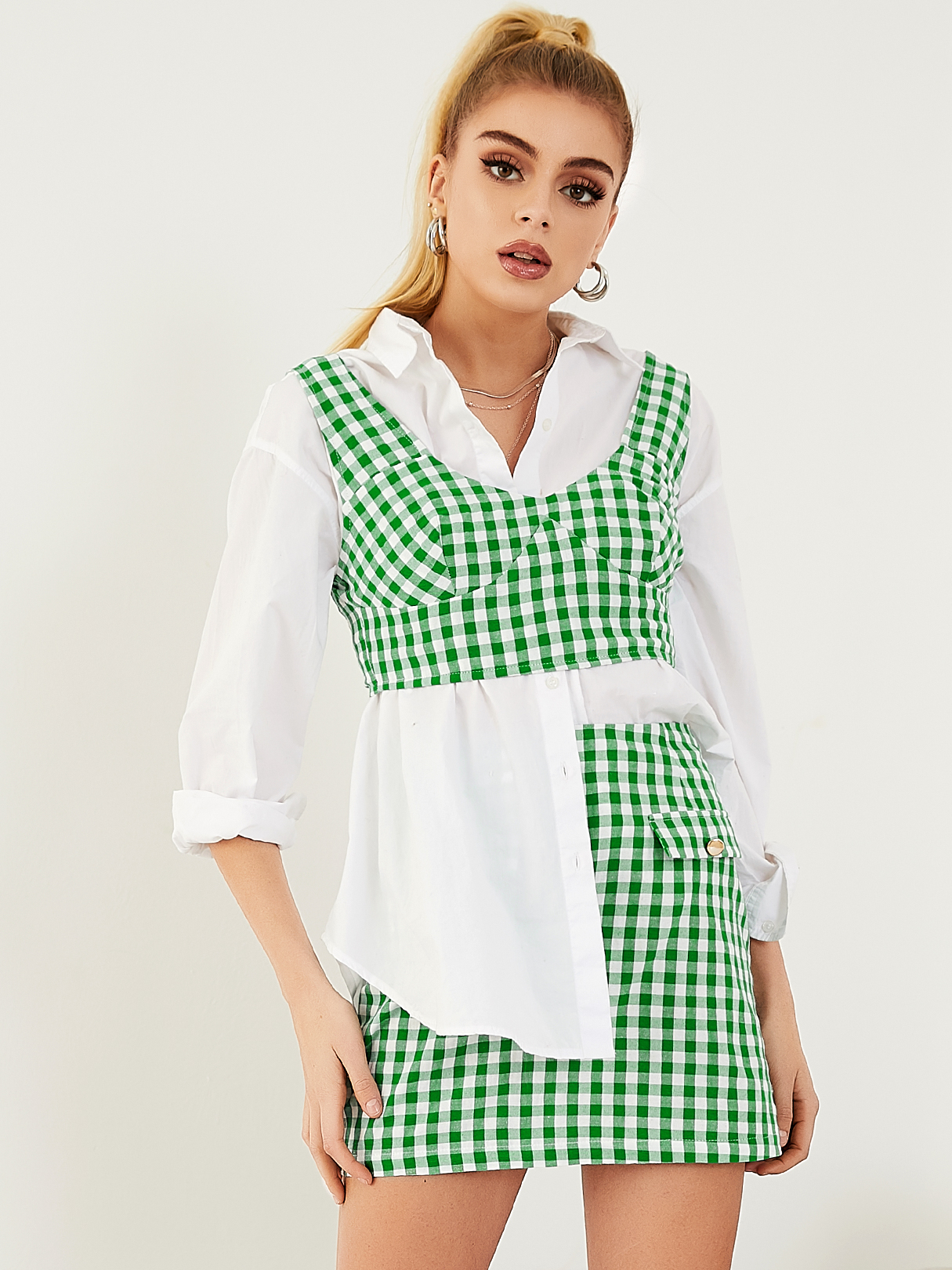 YOINS Plaid Scoop Neck Sleeveless Tank Top & Skirt Set Without Blouse