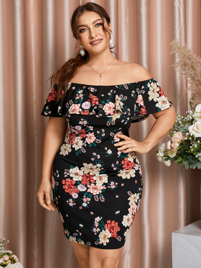 YOINS Plus Size Floral Print Off-The-Shoulder Overlay Short Sleeves Dress