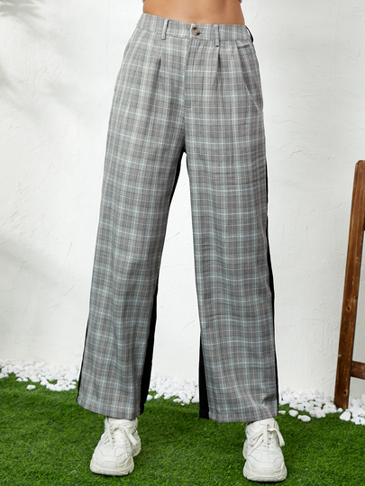 YOINS Patch Plaid Side Pockets Pants