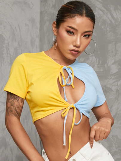 YOINS Patchwork Cut Out Tie-up Design Crew Neck Short Sleeves Tee