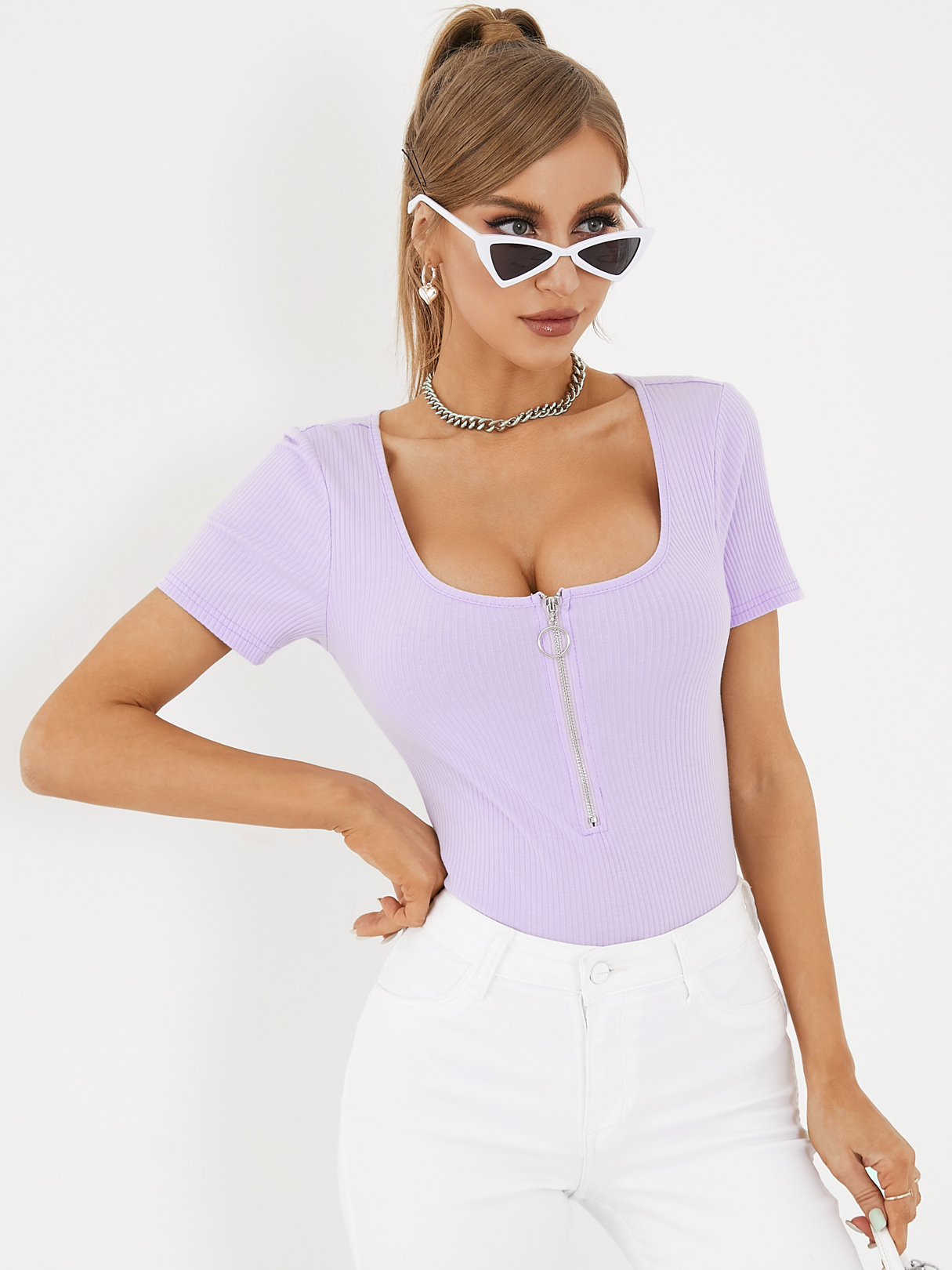 YOINS BASICS Women Sexy Square neck Plain Zipper Front Tee