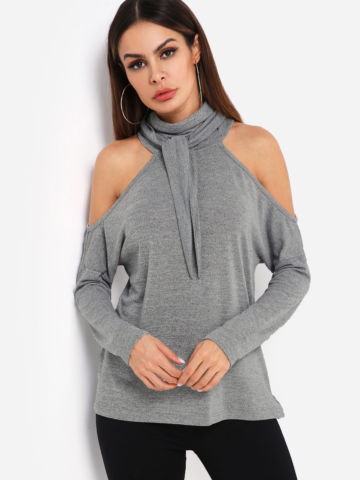 Grey Cold Shoulder Long Sleeves Top With Self-tie Design At Neck