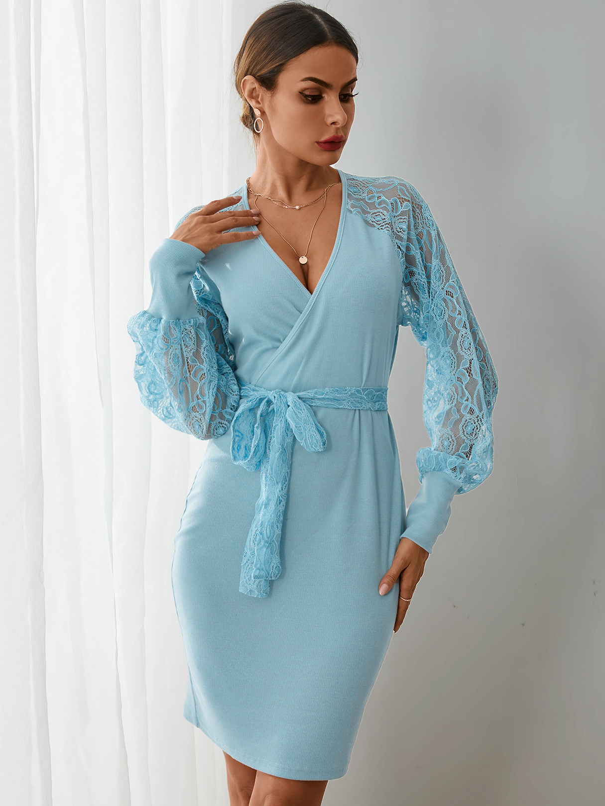 YOINS V-neck Wrap design Patch Lace Dress