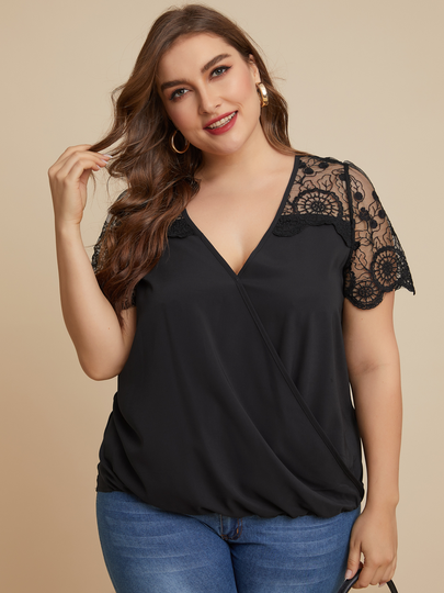 YOINS Plus Size Black Lace Short Sleeves Blouse